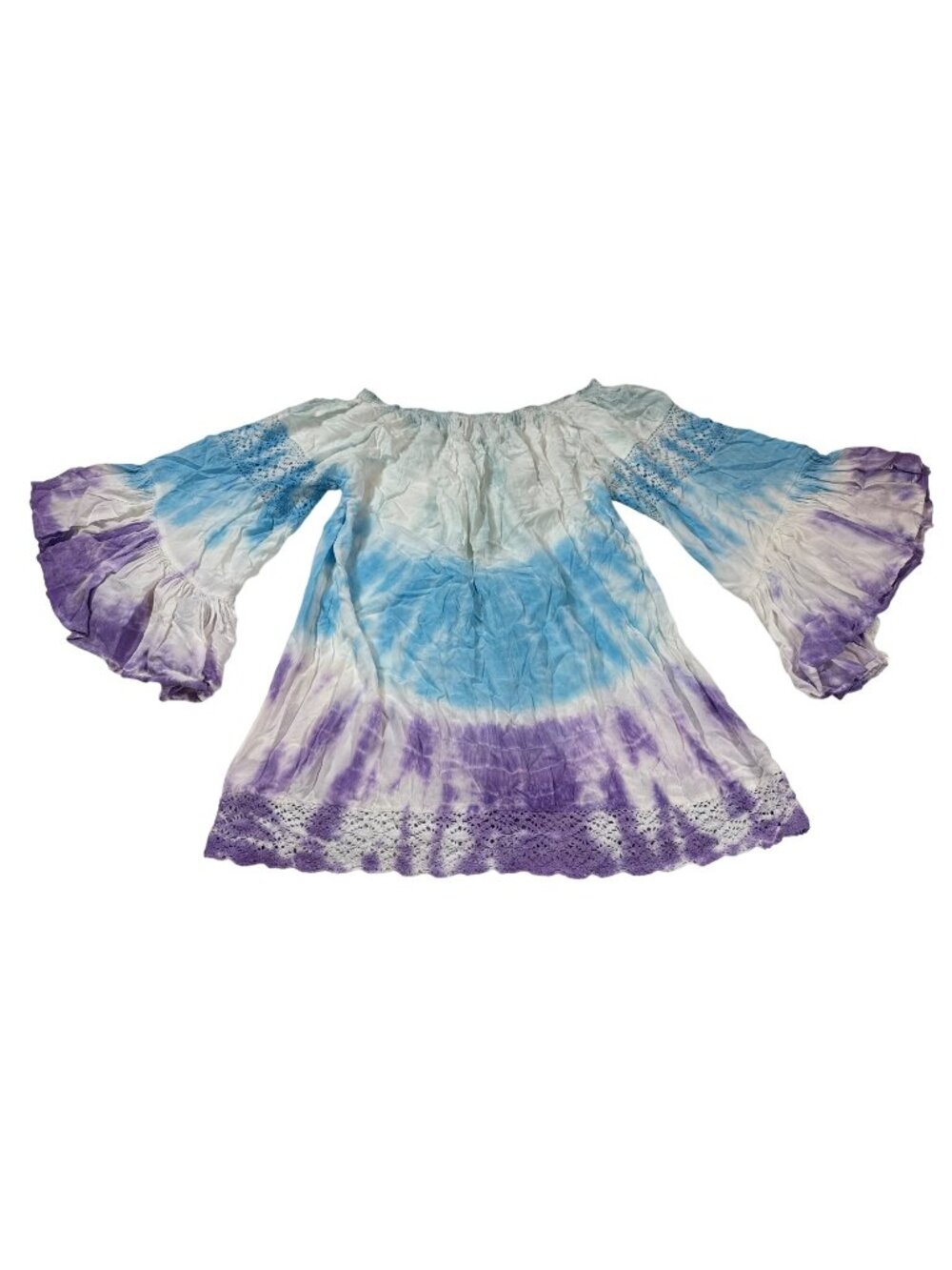 Surf Gypsy Tie-Dye blue purple Off-Shoulder Bell Sleeve Tunic Medium (1172)